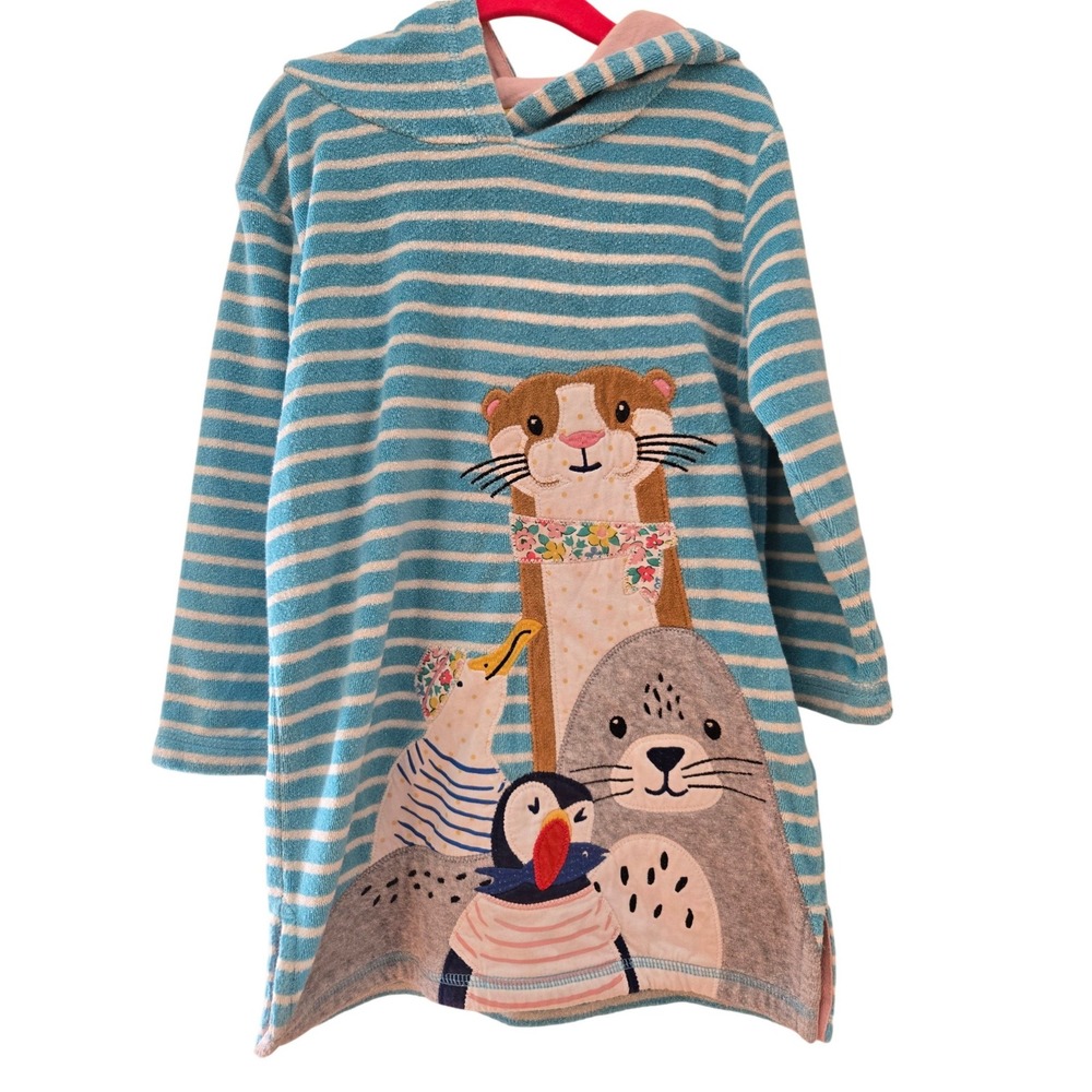Mini Boden Girls Blue Striped Terry Cloth Hooded Beach Otter Puffin Seal 4-5Y